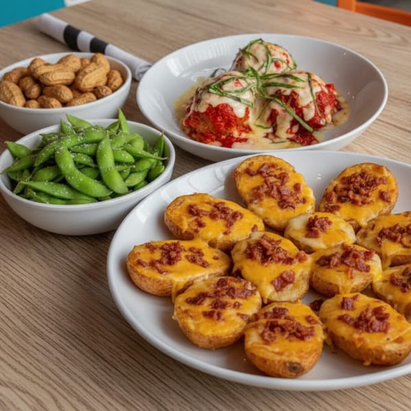 A table spread with potato skins, meatballs, edamame, and peanuts in white bowls.