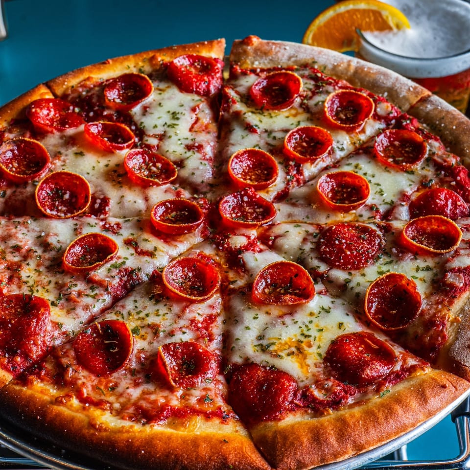 A pepperoni pizza with melted cheese and herbs, with a beer and orange slice in the background.