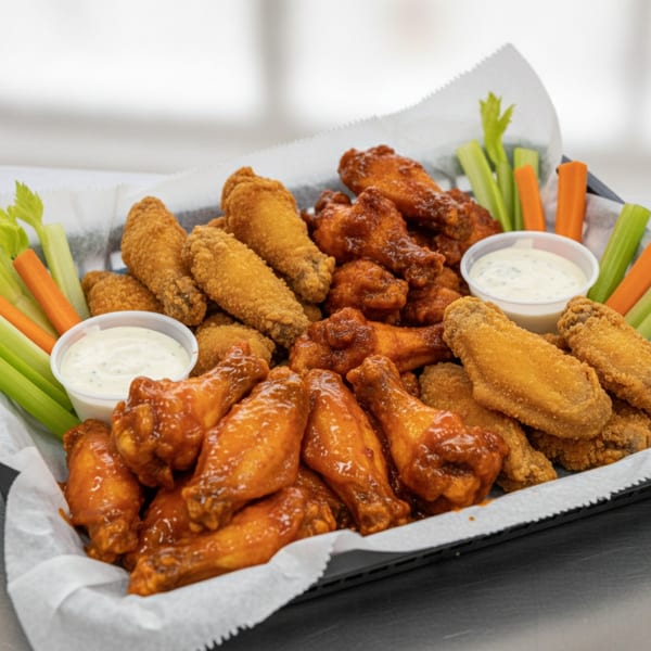A platter of crispy fried and buffalo chicken wings with celery, carrots, and ranch dipping sauce.